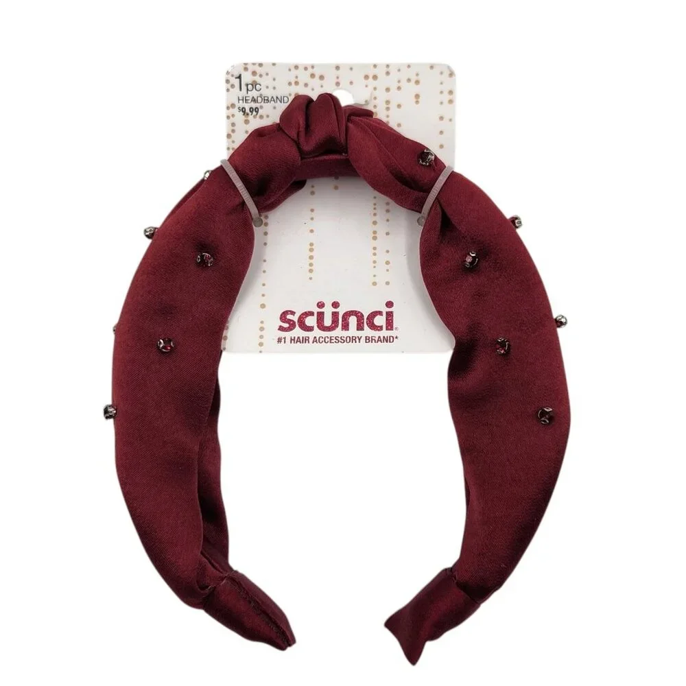 Scunci Hair Headband Womens 1 Pc Red Deep Rose Color Jewels Satin Fabric